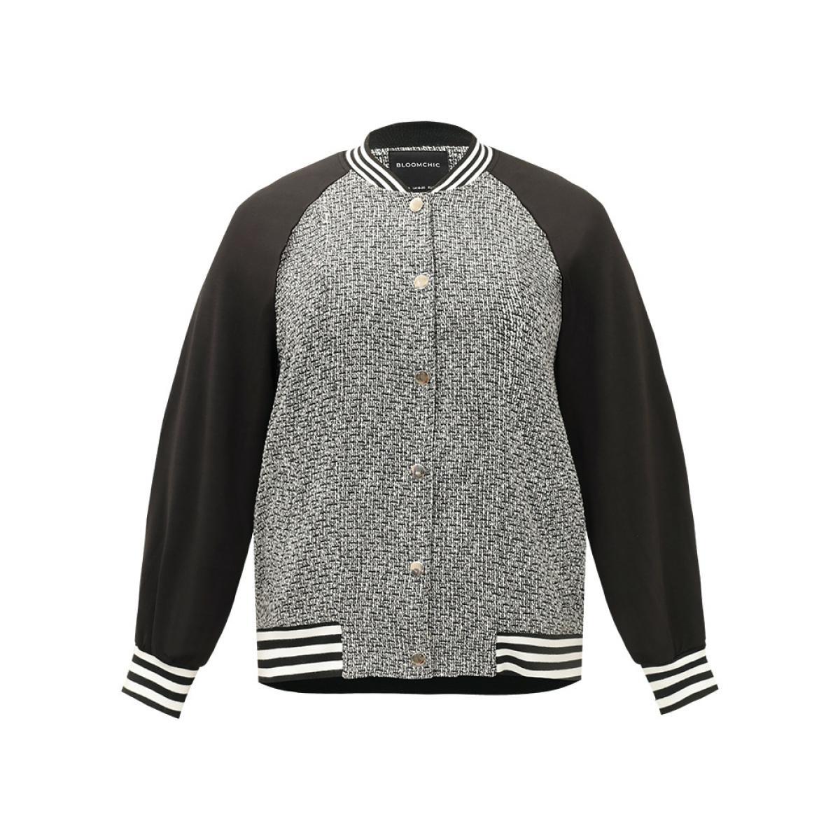 Plus Size Texture Patchwork Contrast Striped Button Up Jacket Women Black Elastic cuffs Pocket Everyday Jackets BloomChic 30/6X Product Image