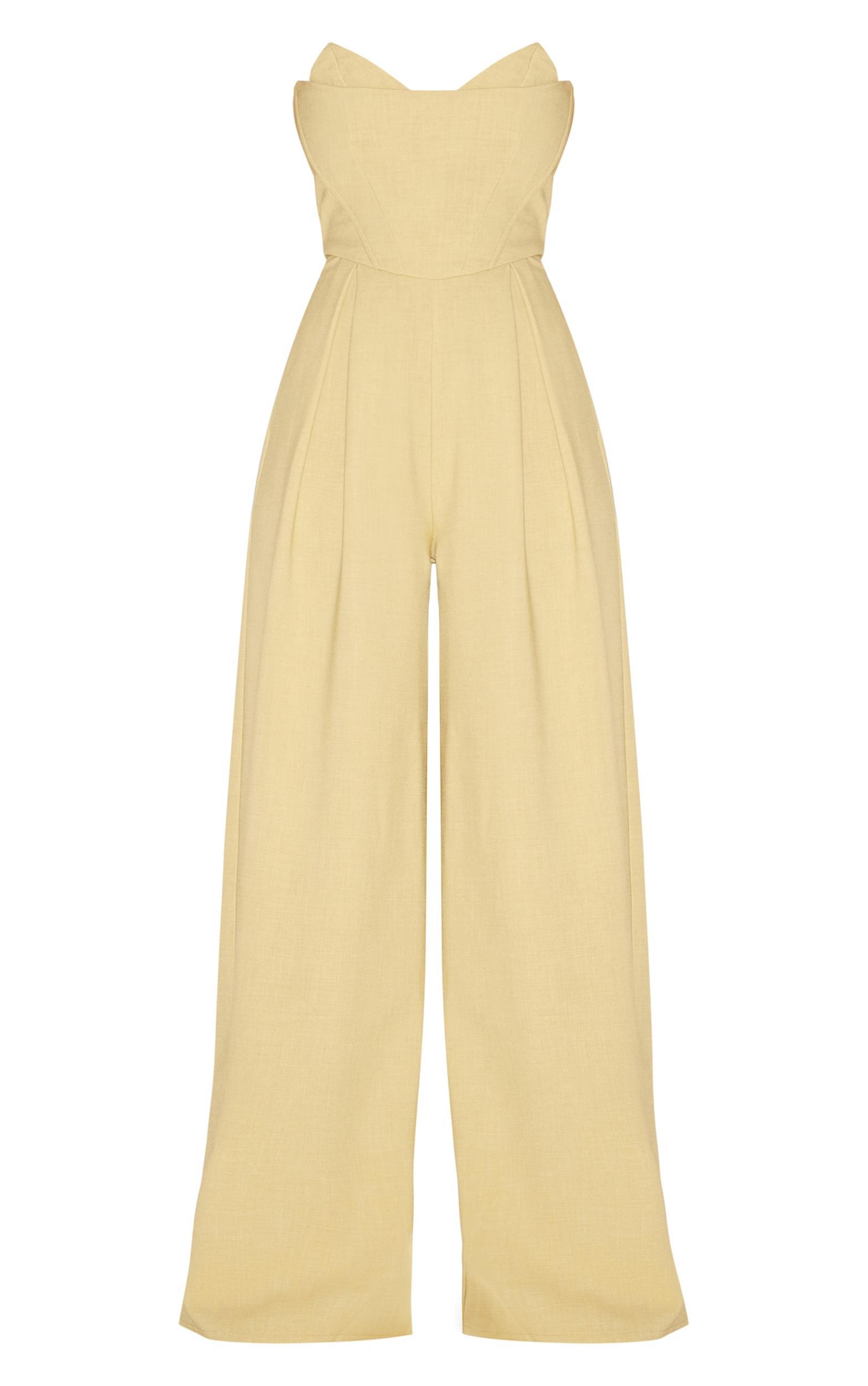 PLT Label Chartreuse Corset Bust Detail Wide Leg Tailored Jumpsuit Product Image