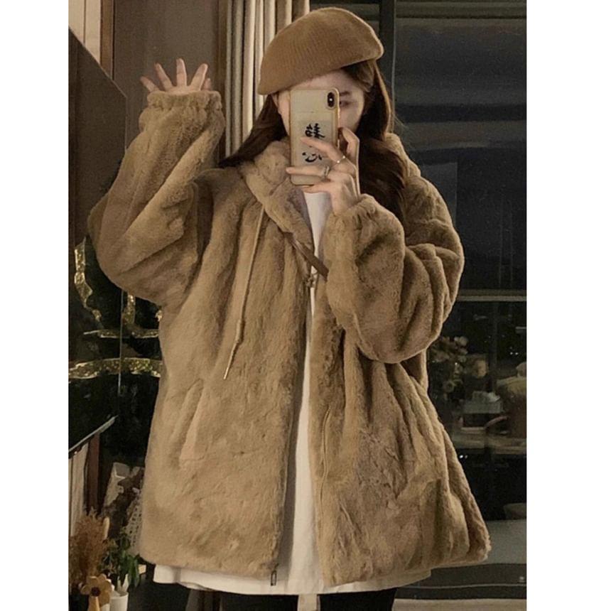 Plain Drawstring Hooded Fleece Zip Jacket Product Image