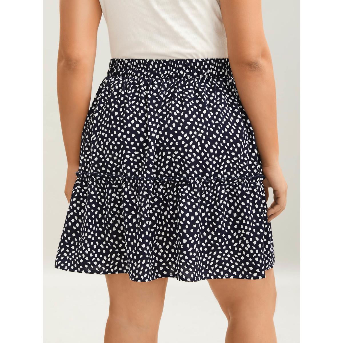 Plus Size Polka Dot Print Tiered Mini Skirt Women Indigo Elegant Drawstring Bodycon Low stretch Slanted pocket Everyday-Elegant Skirts BloomChic 22-24/3X Product Image