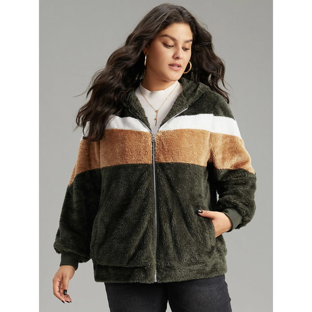 Plus Size Colorblock Contrast Fuzzy Zipper Jacket Women ArmyGreen Elastic cuffs Pocket Everyday Jackets BloomChic 26/4X Product Image