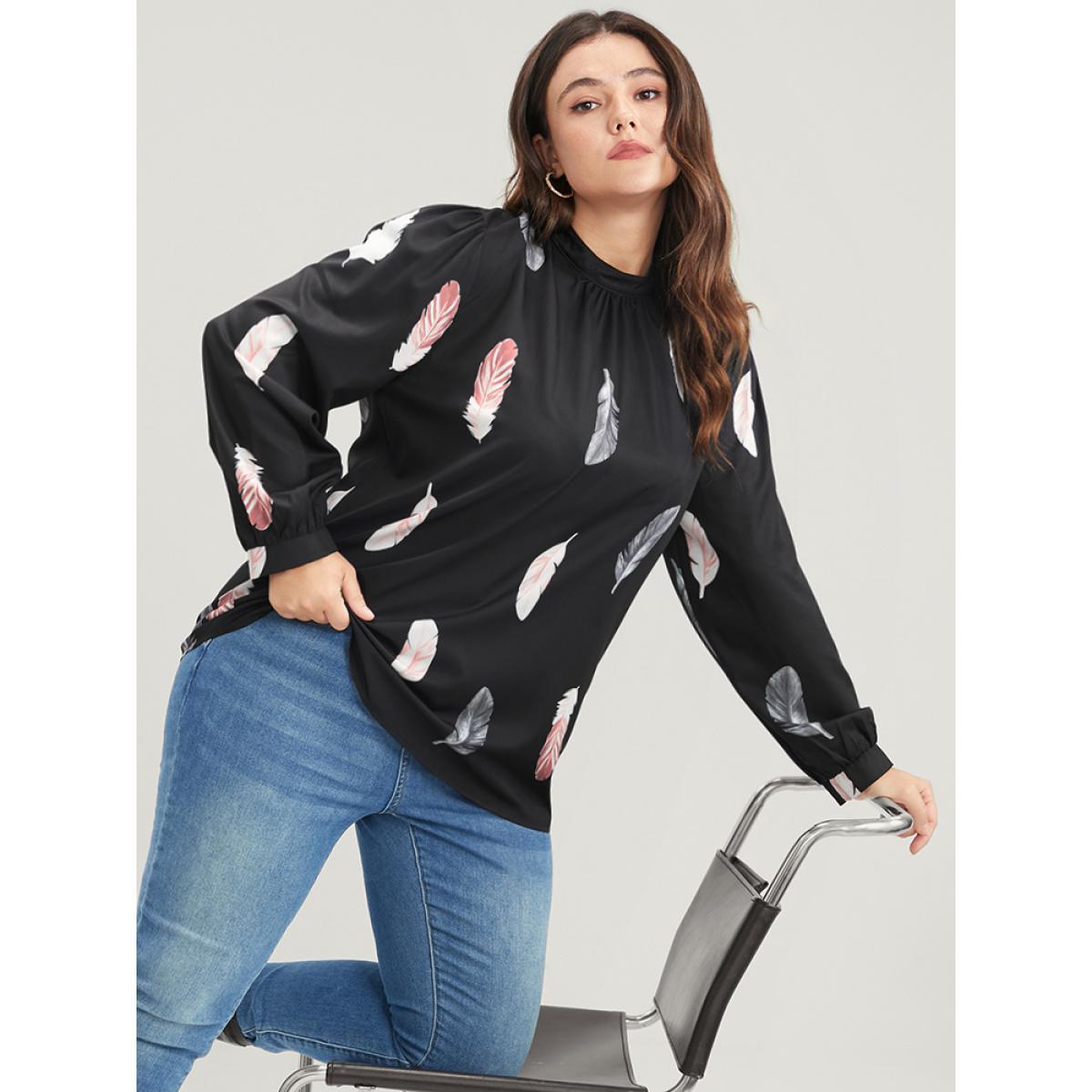 Plus Size Black Feather Print Mock Neck Lantern Sleeve Blouse Women Elegant Long Sleeve Mock Neck Dailywear Blouses BloomChic 12/L Product Image