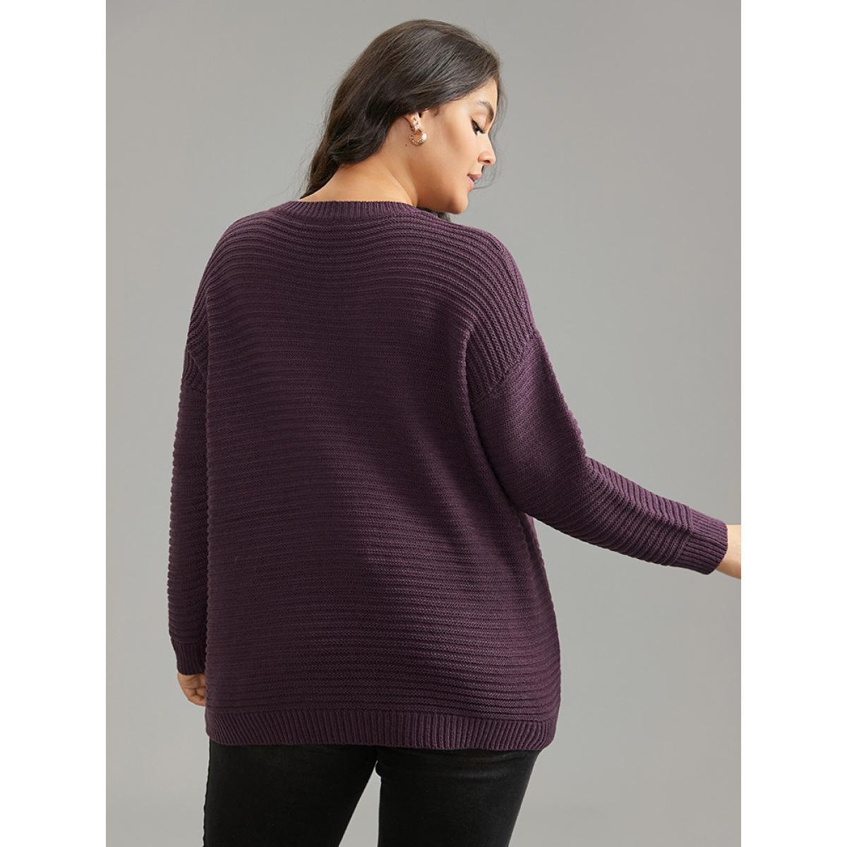 Plus Size Lace Up Plain Plisse Pullover Purple Women Casual Loose Long Sleeve V-neck Dailywear Pullovers BloomChic 14-16/1X Product Image