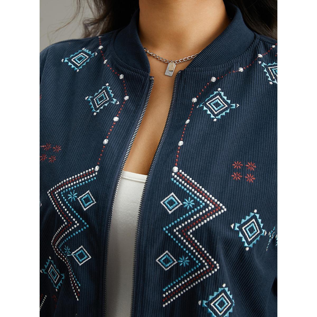 Plus Size Corduroy Geo Embroidered Zipper Fly Jacket Women Indigo Elastic cuffs Dailywear Jackets BloomChic 26/4X Product Image