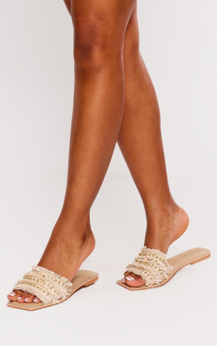 Beige Pu Square Toe Frayed Stud Detail Strap Flat Sandals Product Image
