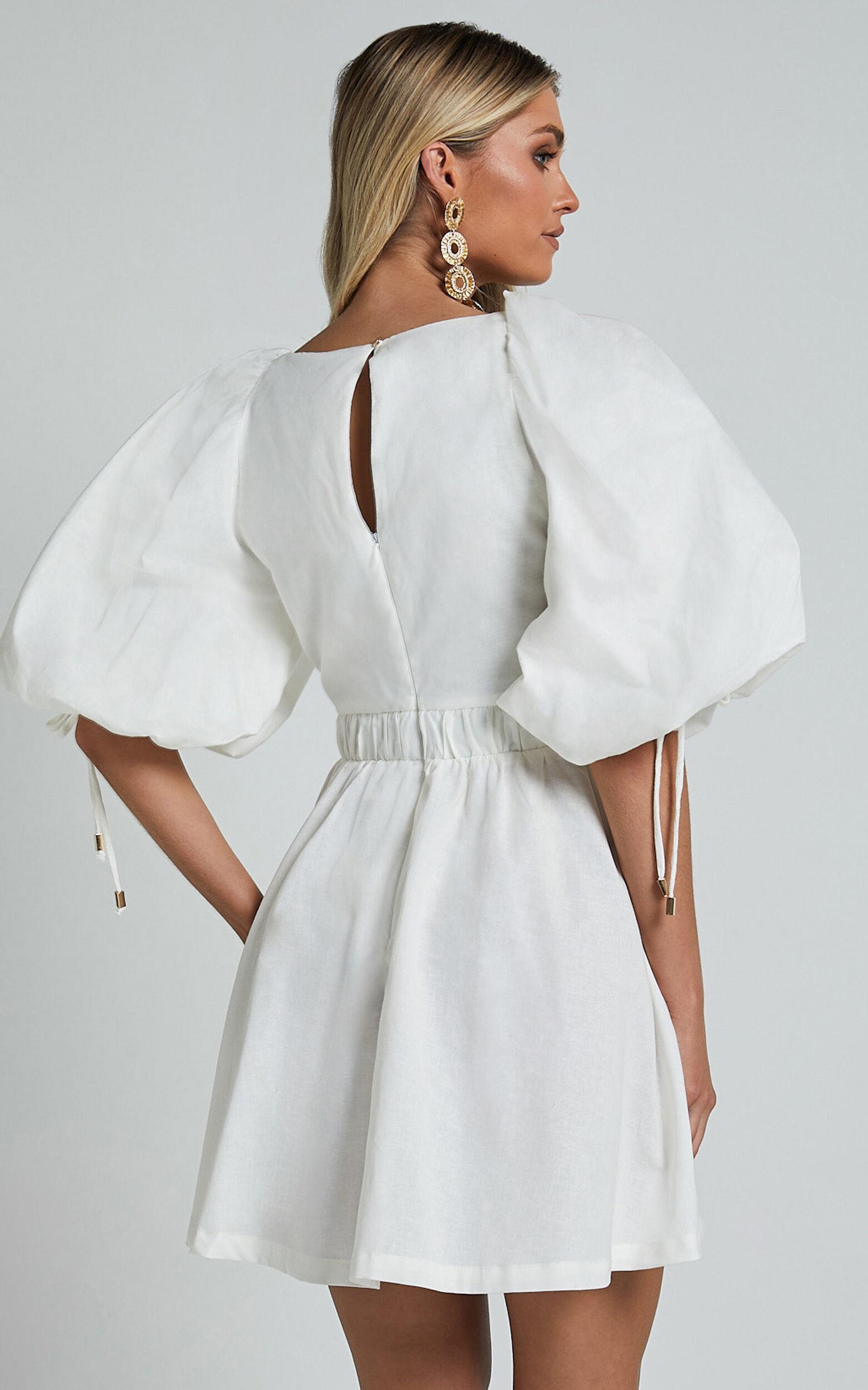 Amalie The Label - Movida Linen Blend Balloon Sleeve Crossover Band Mini Dress in White Product Image
