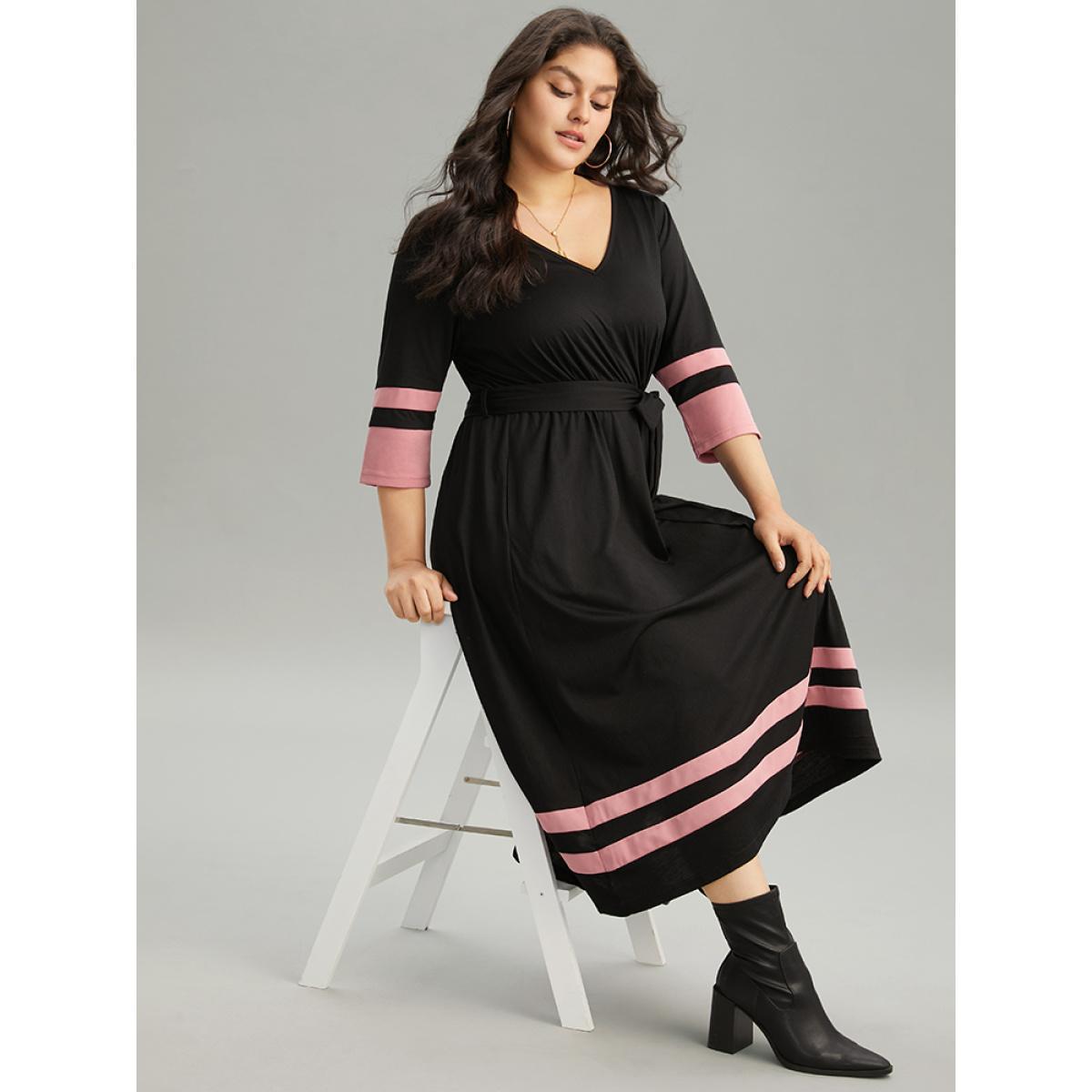 Plus Size Colorblock Contrast Elastic Waist Pocket Belted Dress Black Women Casual Belted V-neck Elbow-length sleeve Curvy Midi Dress BloomChic 14-16/1X Product Image