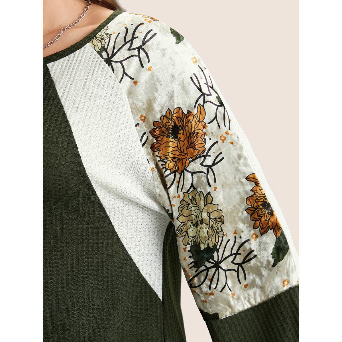 Plus Size Waffle Knit Patchwork Floral Print T-shirt ArmyGreen Women Casual Velvet Floral Round Neck Everyday T-shirts BloomChic 28/5X Product Image