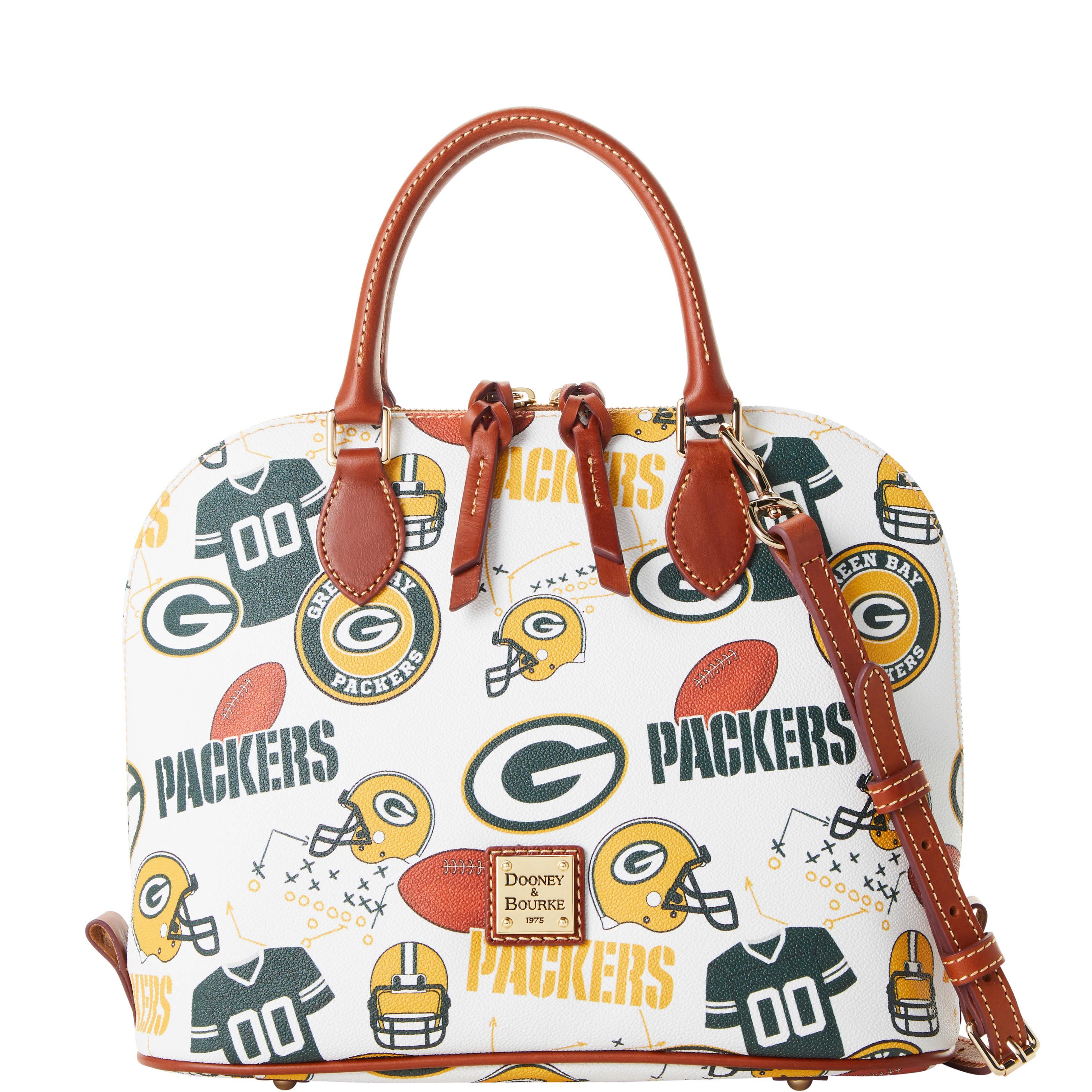 Dooney & Bourke Womens NFL Packers Zip Zip Coated Cotton Satchel Bag in White Multi Product Image