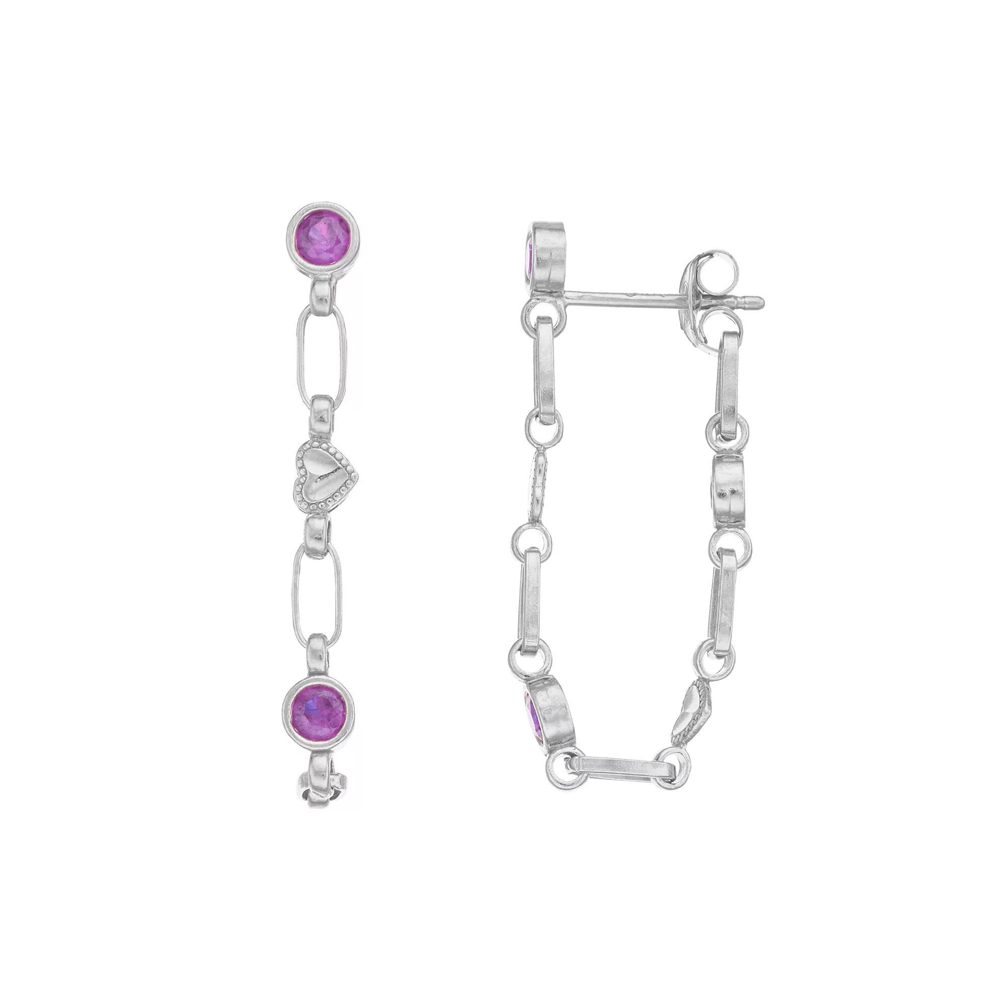Kristen Kesho Sterling Silver Lab-Created Amethyst Front-to-Back Heart Link Chain Hoop Earrings, Women's Product Image