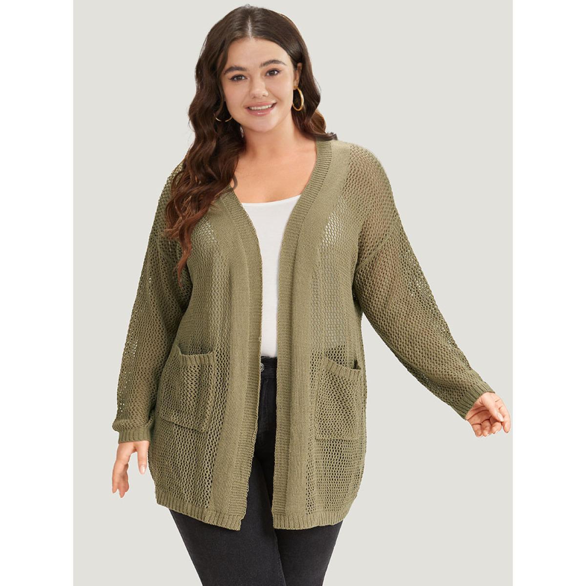 Plus Size Solid Patched Pocket Open Front Patchwork Cardigan Olive Women Casual Loose Long Sleeve Everyday Cardigans BloomChic 28/5X Product Image