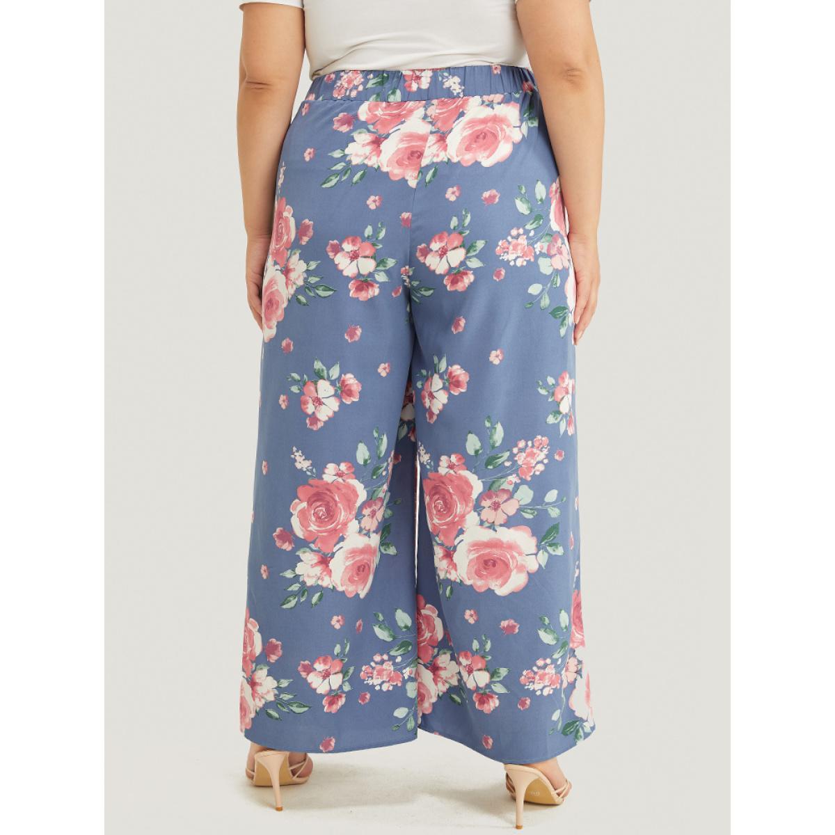 Plus Size Floral Print Pocket Split Wide Leg Pants Women Blue Elegant Mid Rise Dailywear Pants BloomChic 28/5X Product Image