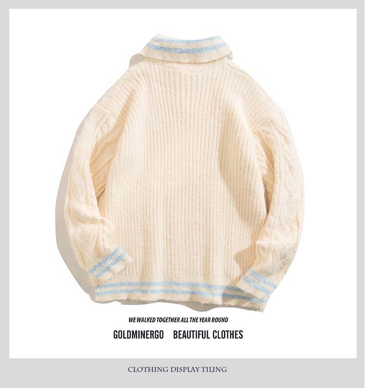 Half Buttoned High Neck Cable Knit Sweater Product Image