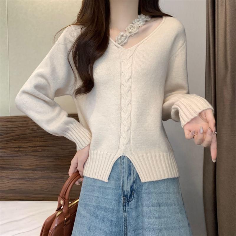 V-Neck Plain Crochet Floral Slit Cable Knit Sweater Product Image