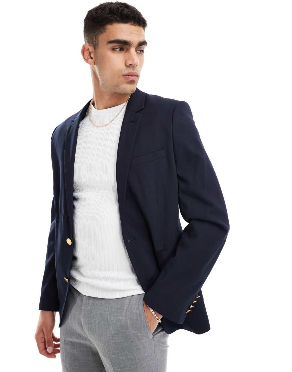 ASOS DESIGN skinny gold button blazer in navy Product Image
