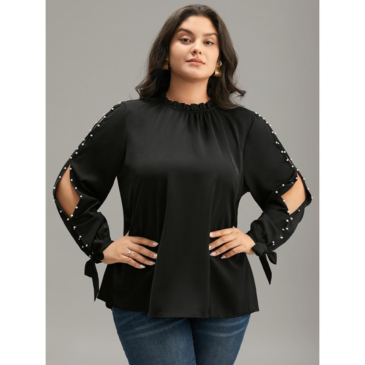 Plus Size Black Anti-Wrinkle Pearl Beaded Ties Cut Out Blouse Women Office Long Sleeve Halter neck Work Blouses BloomChic 18-20/2X Product Image