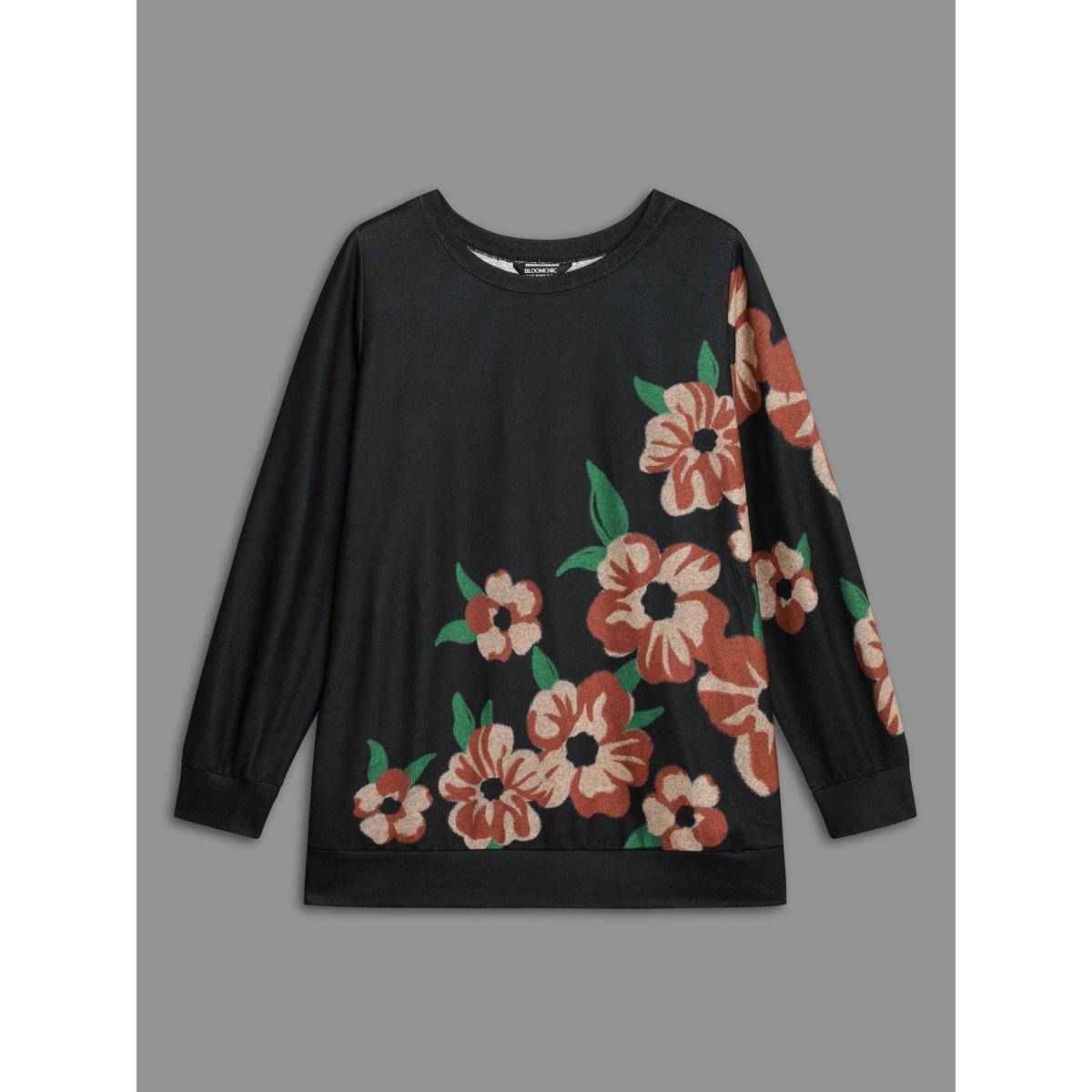 Plus Size Round Neck Floral Print Fitted Sweatshirt Women Black Casual Non Round Neck Everyday Sweatshirts BloomChic 30/6X Product Image