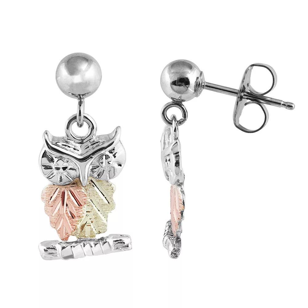 Black Hills Gold Tri Tone Leaf Owl Drop Earrings in Sterling Silver, Women's Product Image