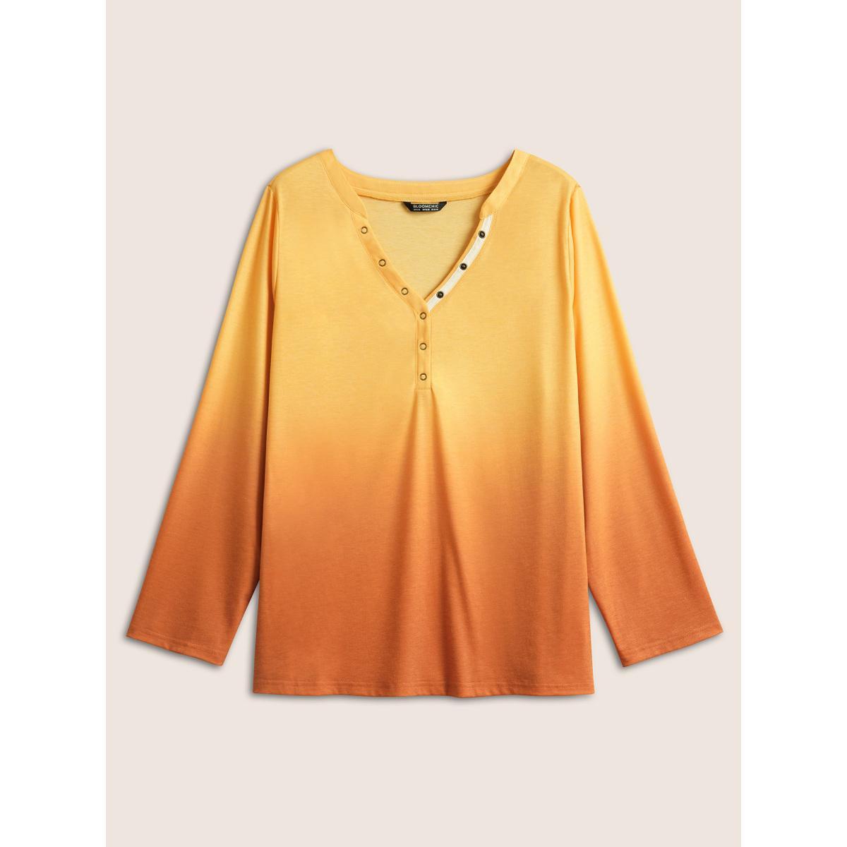 Plus Size Ombre Contrast Button Up T-shirt Yellow Women Resort Contrast Ombre V-neck Vacation T-shirts BloomChic 12/L Product Image
