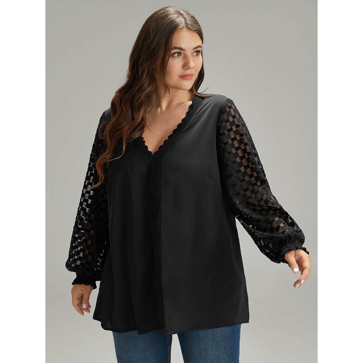 Plus Size Black Lace Panel V Neck Shirred Mesh Blouse Women Glamour Long Sleeve V-neck Going out Blouses BloomChic 14-16/1X Product Image