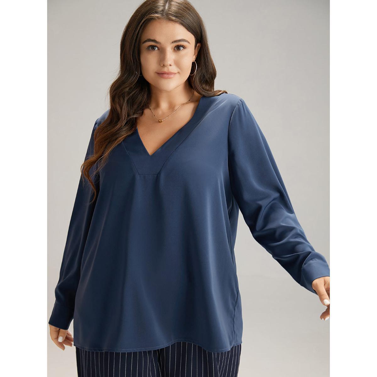 Plus Size Indigo Solid V Neck Button Up Pleated Blouse Women Office Long Sleeve V-neck Work Blouses BloomChic 30/6X Product Image