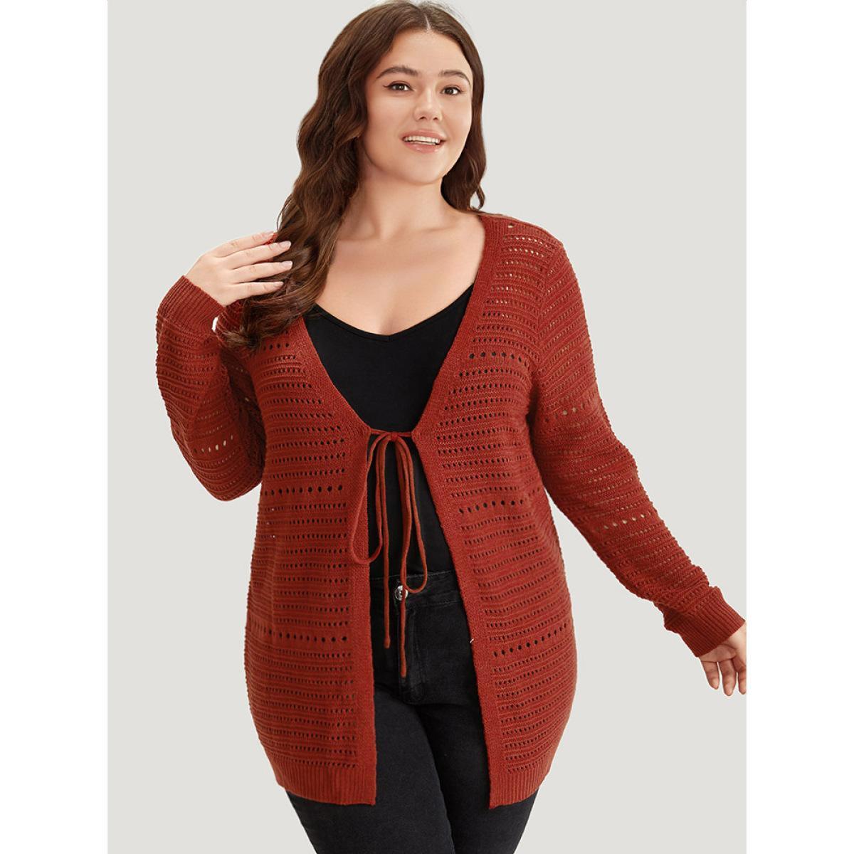Plus Size Plain Ties Front Geometric Eyelet Cardigan Rust Women Casual Loose Long Sleeve Dailywear Cardigans BloomChic 10/M Product Image