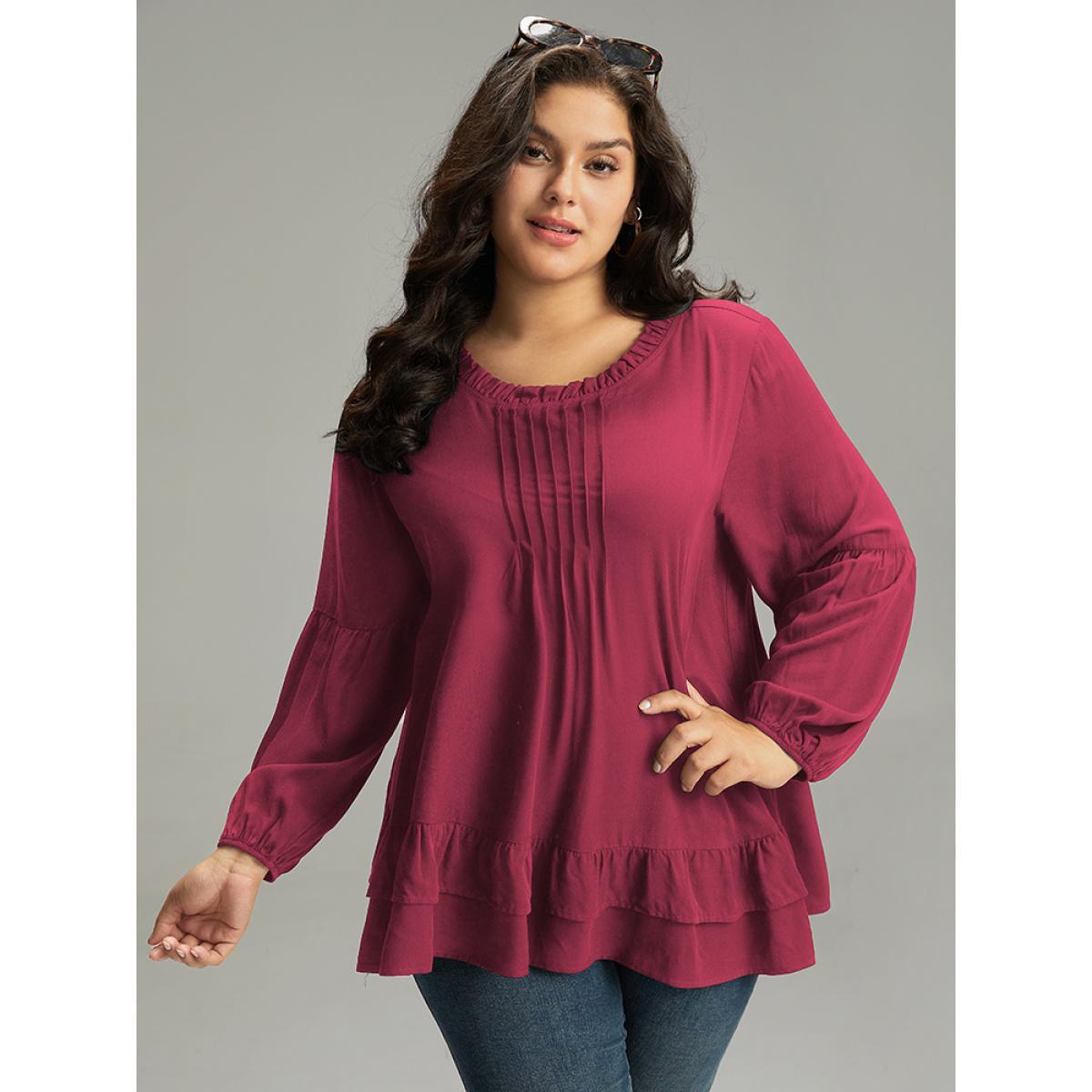 Plus Size Scarlet Seam Detail Frill Trim Layered Blouse Women Elegant Long Sleeve Round Neck Dailywear Blouses BloomChic 12/L Product Image