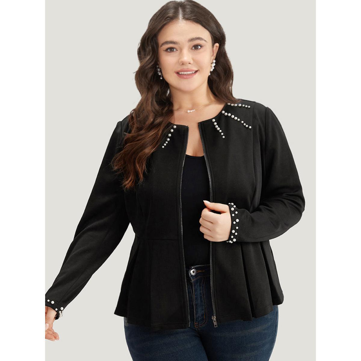 Plus Size Pearl Beaded Zipper Plicated Detail Coat Women Black Work From Home Plain Ladies Work Winter Coats BloomChic 28/5X Product Image