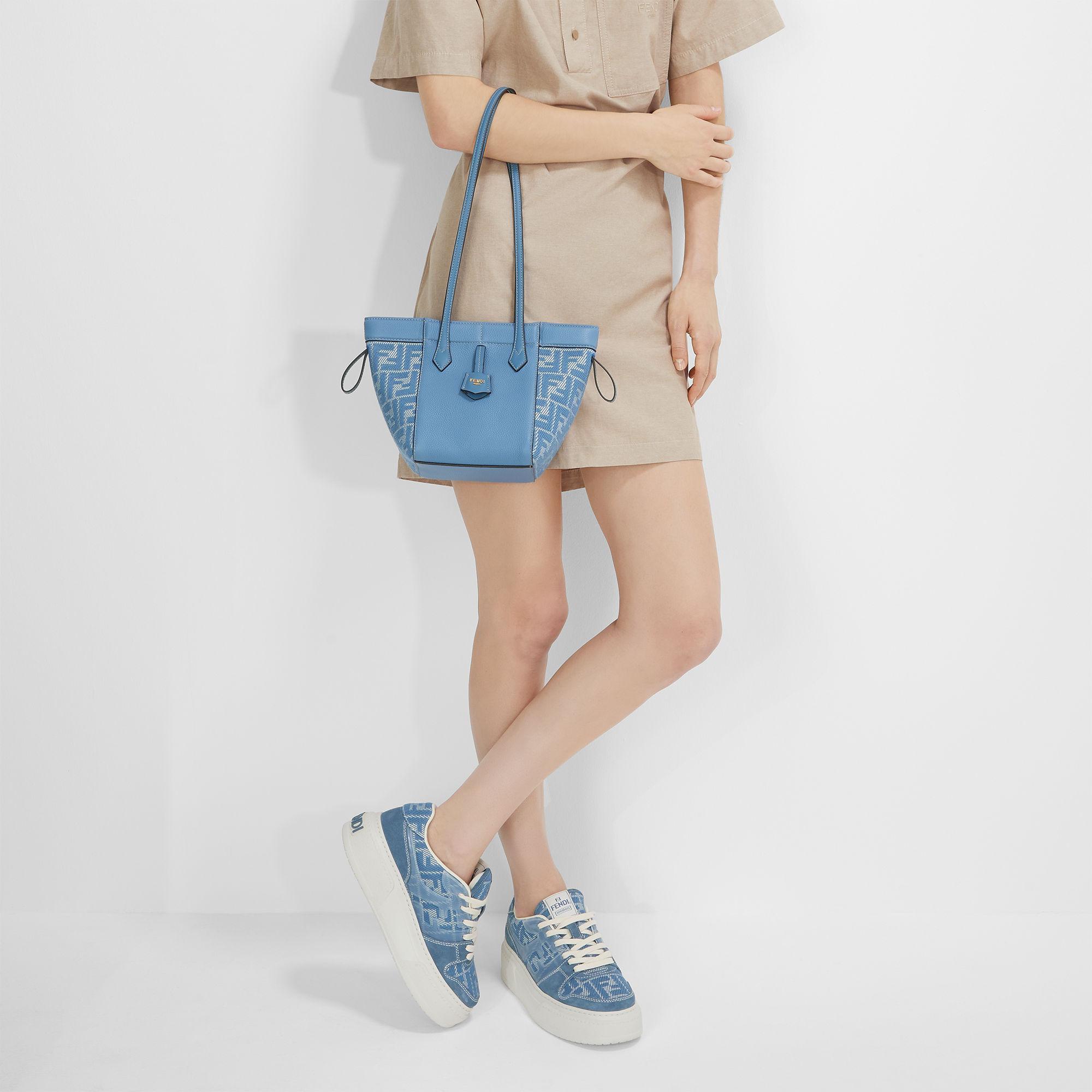 Fendi MatchDenim-effect FF jacquard and light blue suede platform low tops Product Image