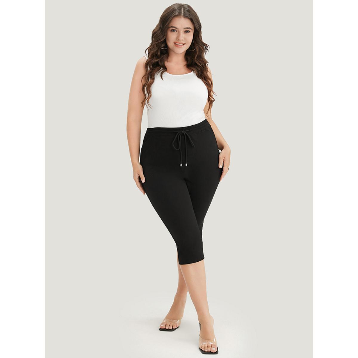 Plus Size Drawstring Elastic Waist Pocket Skinny Leggings Women Black Elegant High stretch Skinny Mid Rise Dailywear Leggings BloomChic 10/M Product Image