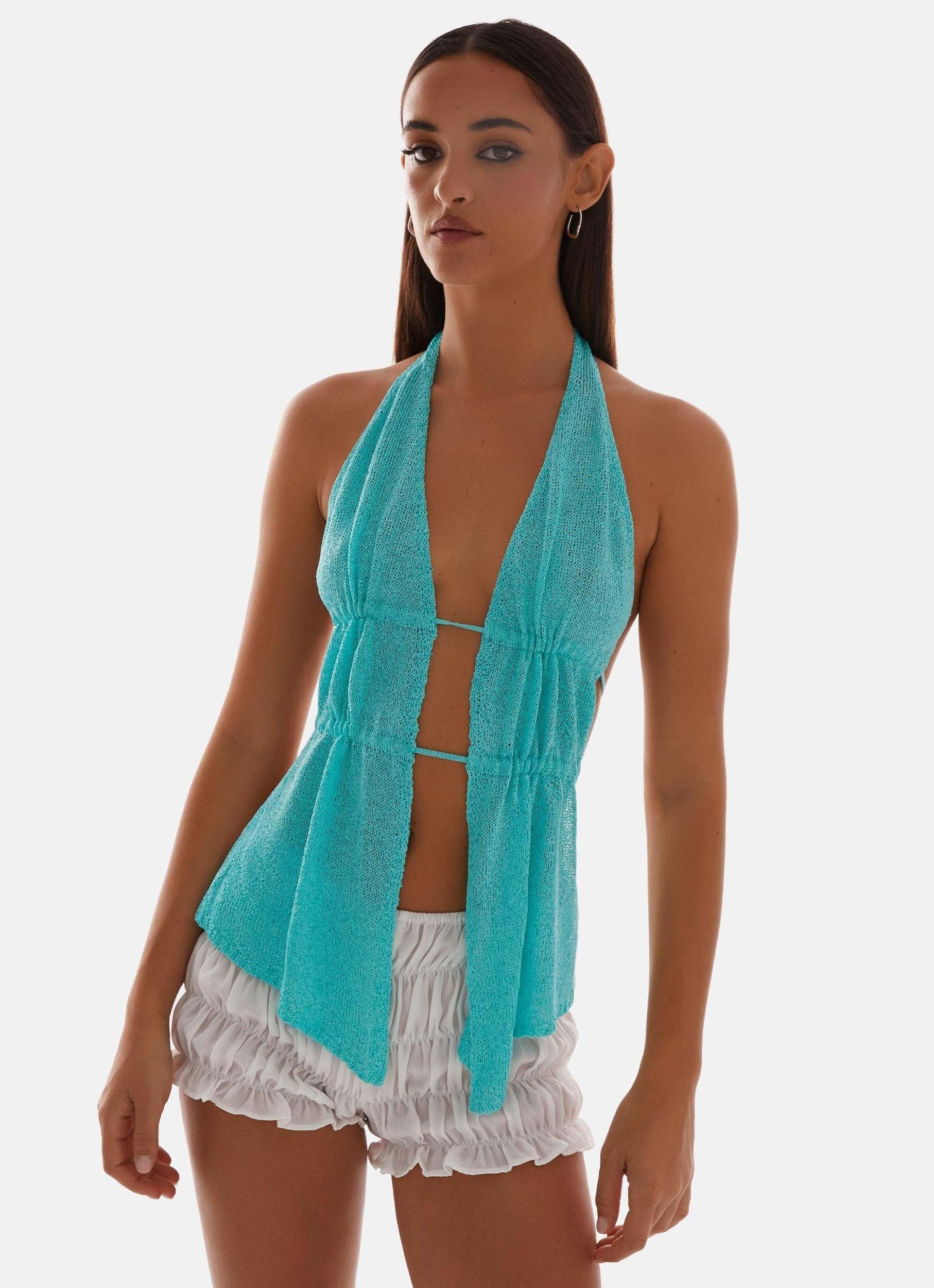 Callie Ruched Halterneck Top - Turquoise Product Image