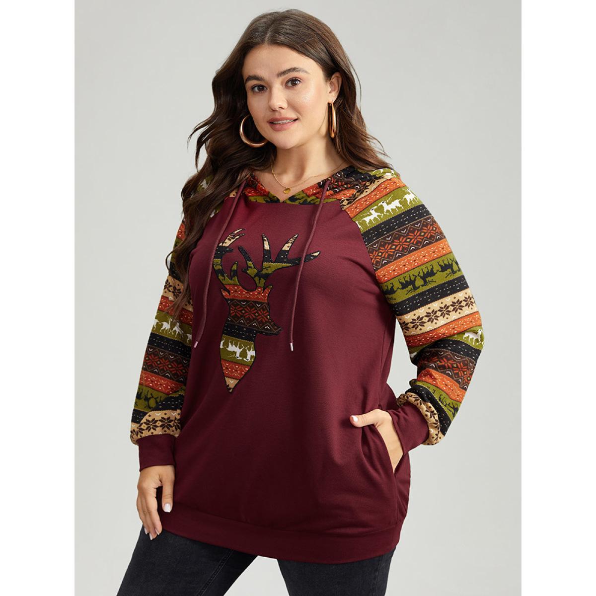Plus Size Christmas Print Pocket Hooded Drawstring Sweatshirt Women Burgundy Casual Contrast Festival-Christmas Sweatshirts BloomChic 18-20/2X Product Image