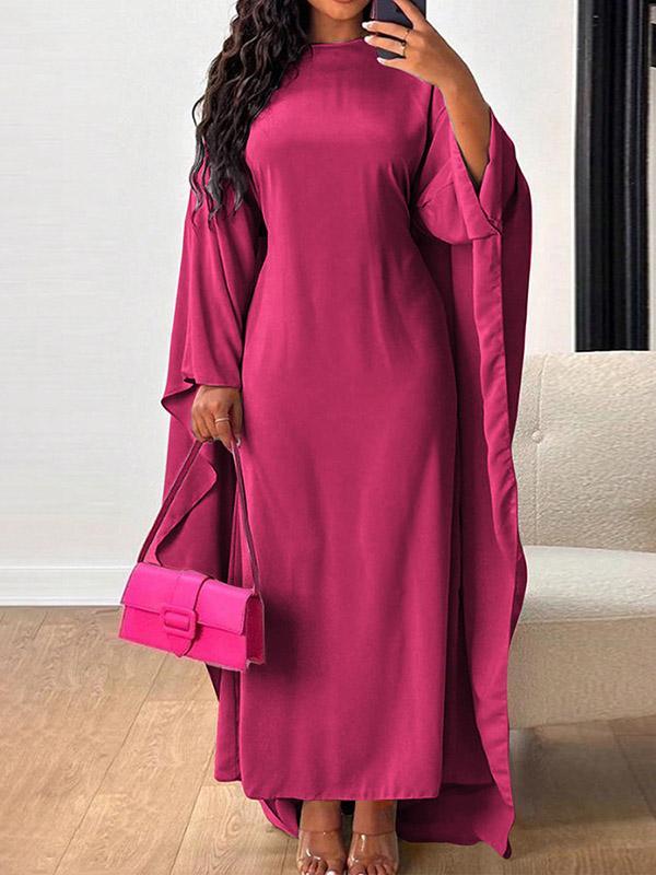 High-Low Long Sleeves Solid Color Round-Neck Maxi Dresses Product Image