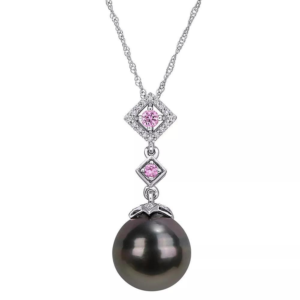Stella Grace 10k White Gold 1/10 Carat T.W. Diamond, Pink Sapphire & Black Tahitian Cultured Pearl Pendant, Women's, Size: 17", White Gold Tone Product Image