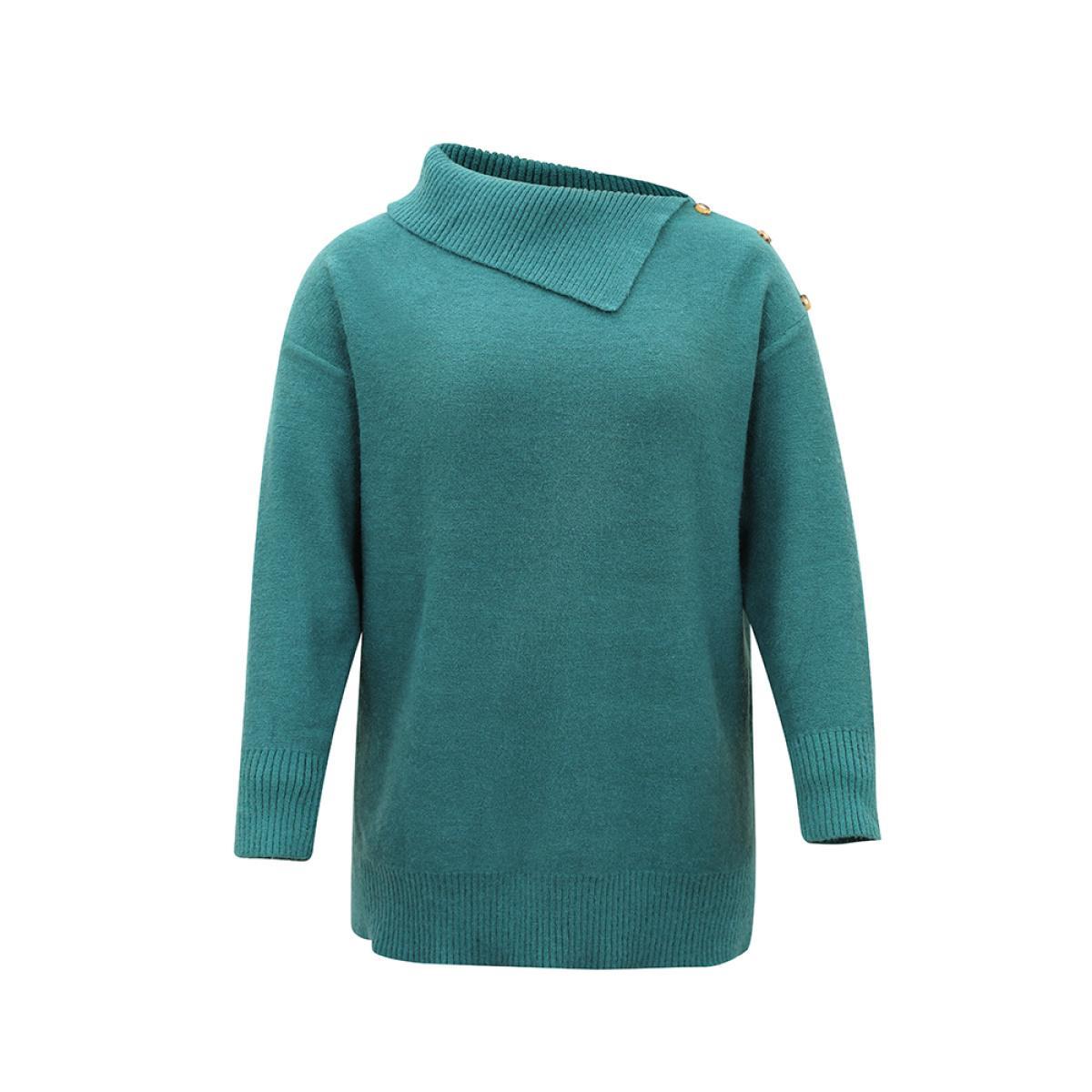 Plus Size Supersoft Essentials Plain Lapel Collar Button Detail Pullover Emerald Women Casual Loose Long Sleeve Lapel Collar Dailywear Pullovers BloomChic 22-24/3X Product Image