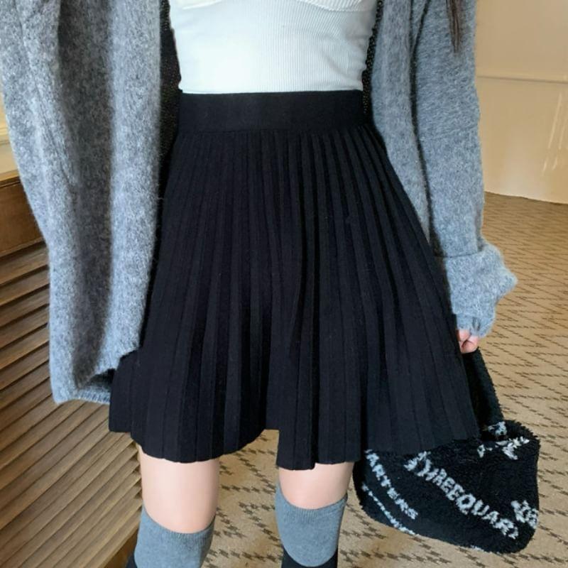 High Rise Plain Pleated Knit Mini A-Line Skirt Product Image