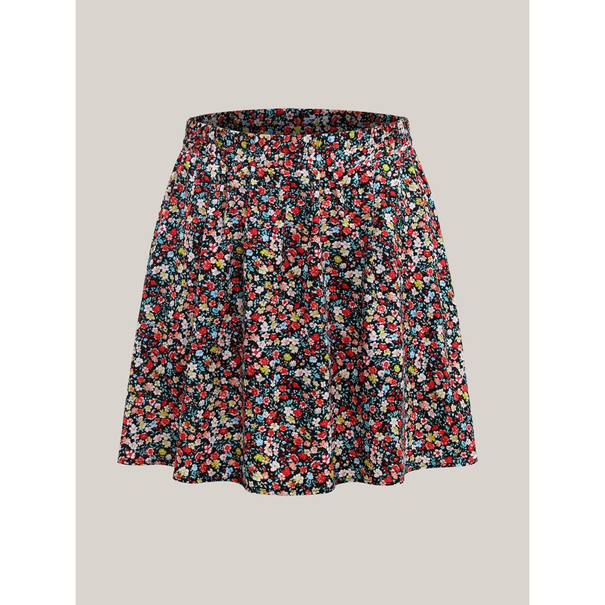 Plus Size Floral Print Stretchy Smocked Waist Mini Skirt Women Multicolor Elegant Gathered Low stretch Side seam pocket Everyday Skirts BloomChic 22-24/3X Product Image