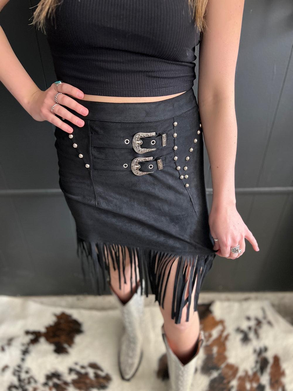 L&B Black Double Buckle Studded Suede Fringe Skirt Product Image