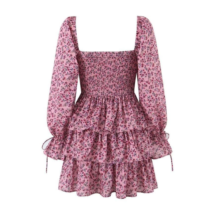 Long-Sleeve Floral Tiered Mini A-Line Dress Product Image