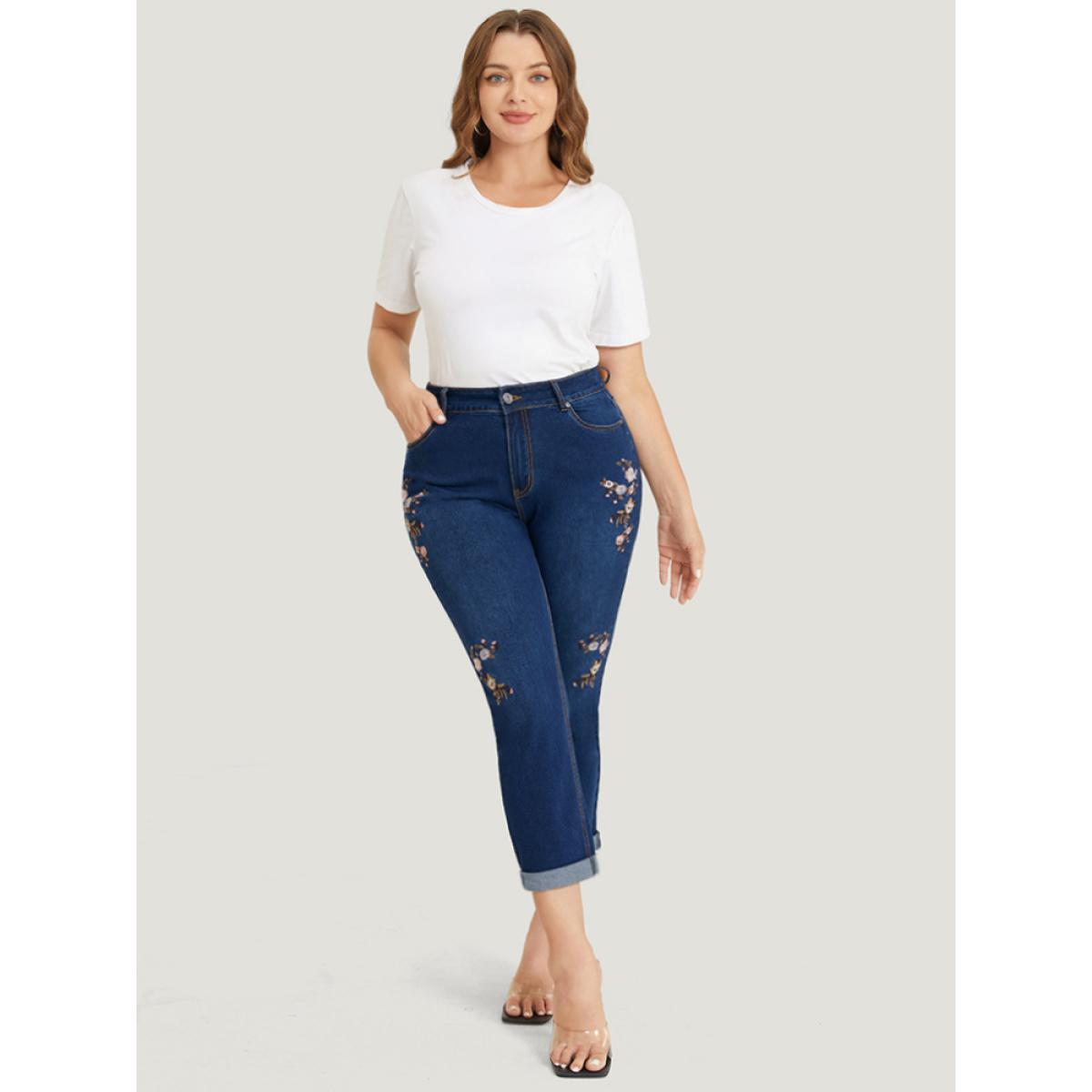 Plus Size Straight Leg Very Stretchy Dark Wash Floral Embroidered Jeans Women DarkBlue Casual Plain Embroidered High stretch Jeans BloomChic 30/6X Product Image