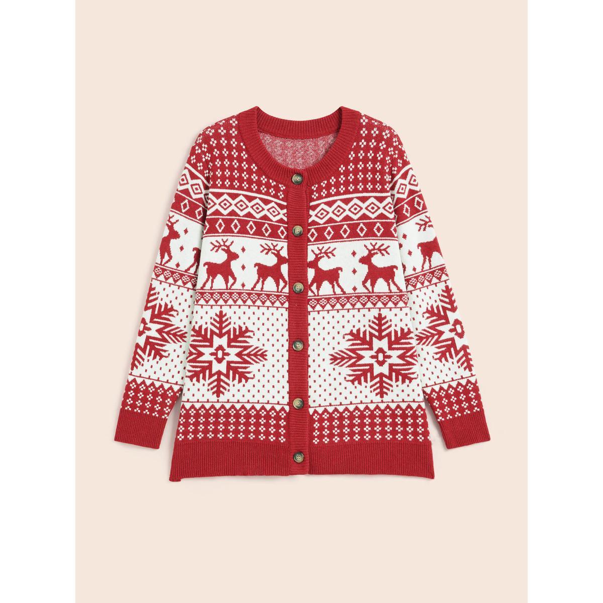 Plus Size Reindeer And Snow Pattern Button-Front Cardigan Scarlet Women Casual Loose Long Sleeve Everyday Cardigans BloomChic 26/4X Product Image
