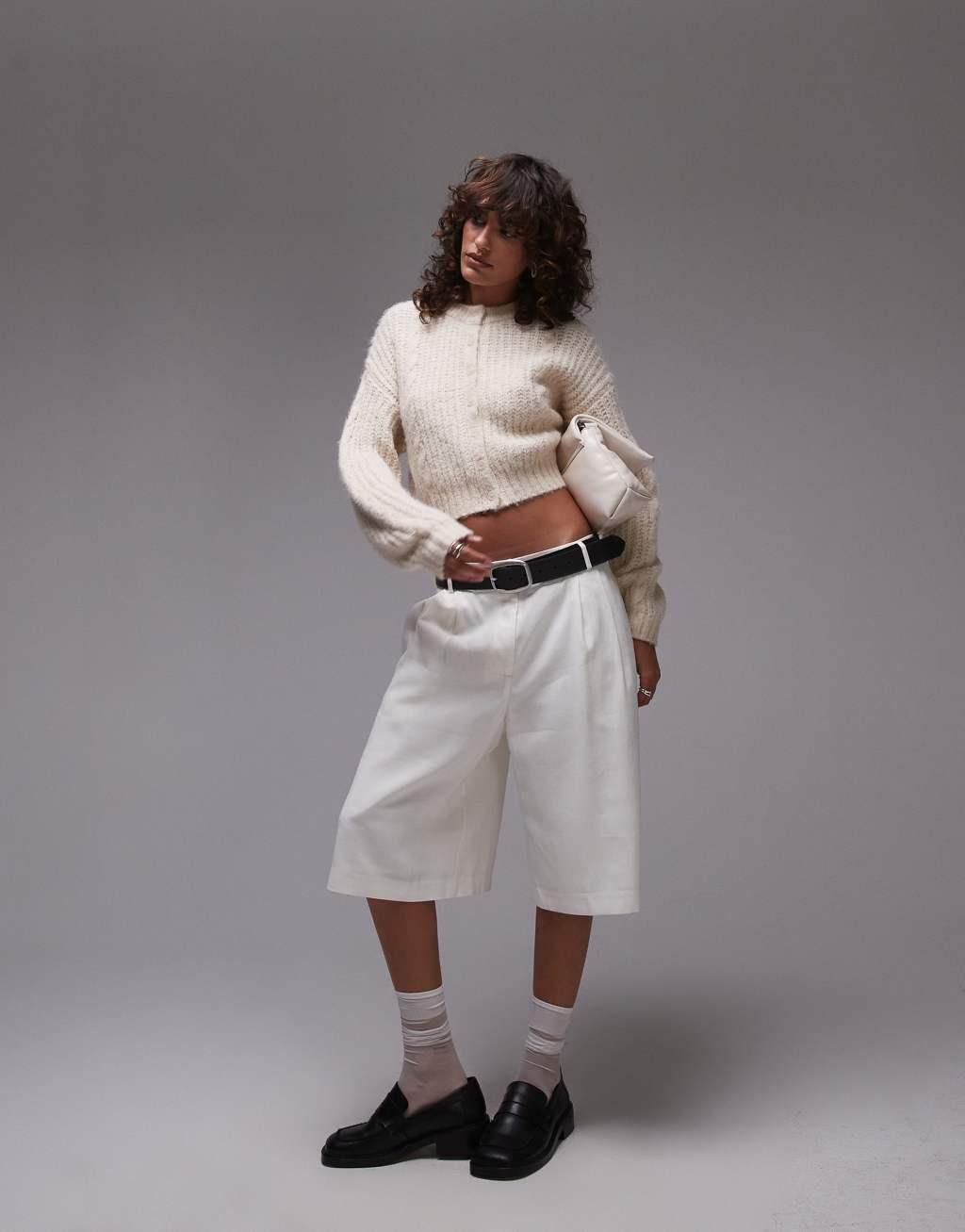 Topshop knit cropped fluffy cable cardigan in cream Product Image