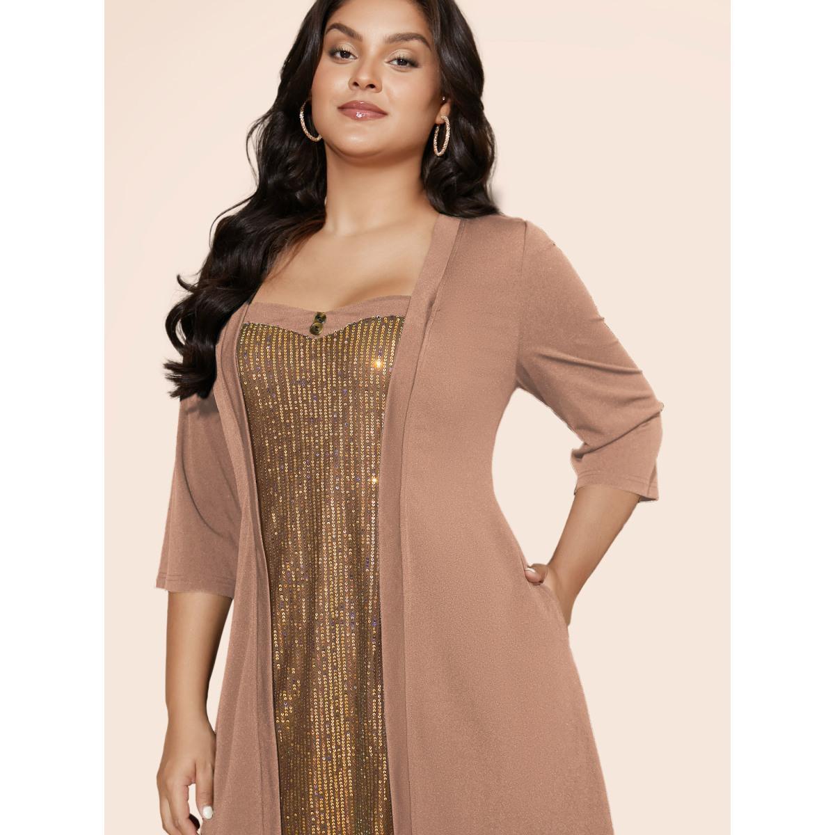 Plus Size Heart Neckline Patchwork Sequin Button Detail Dress Bronze Women Cocktail Texture Party Curvy Bloomchic 18-20/2X Product Image