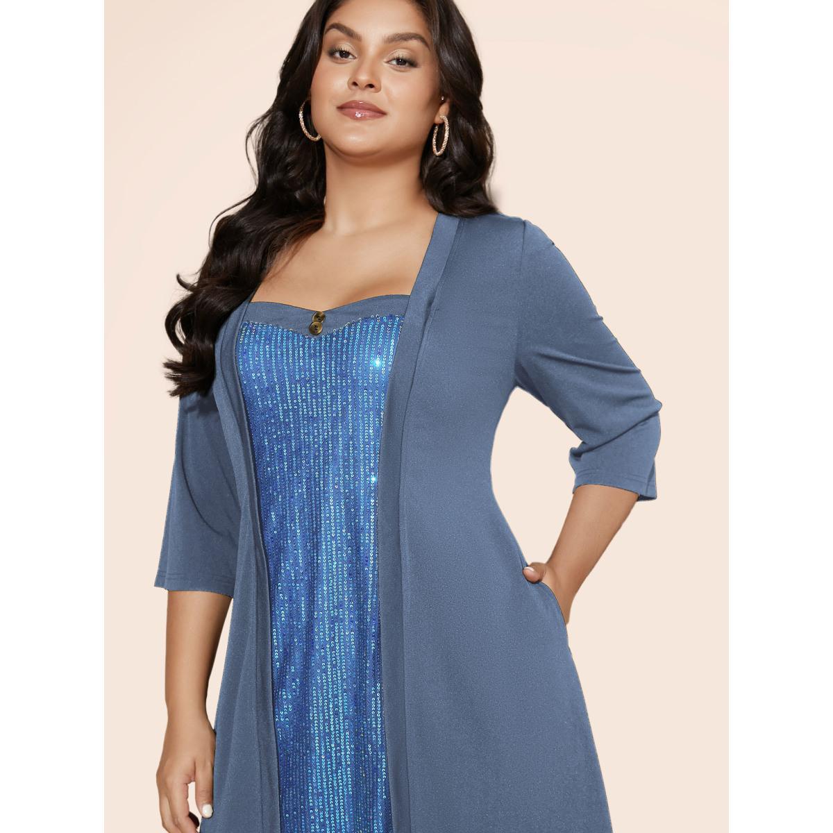 Plus Size Heart Neckline Patchwork Sequin Button Detail Dress Skyblue Women Cocktail Texture Party Curvy Bloomchic 10/M Product Image