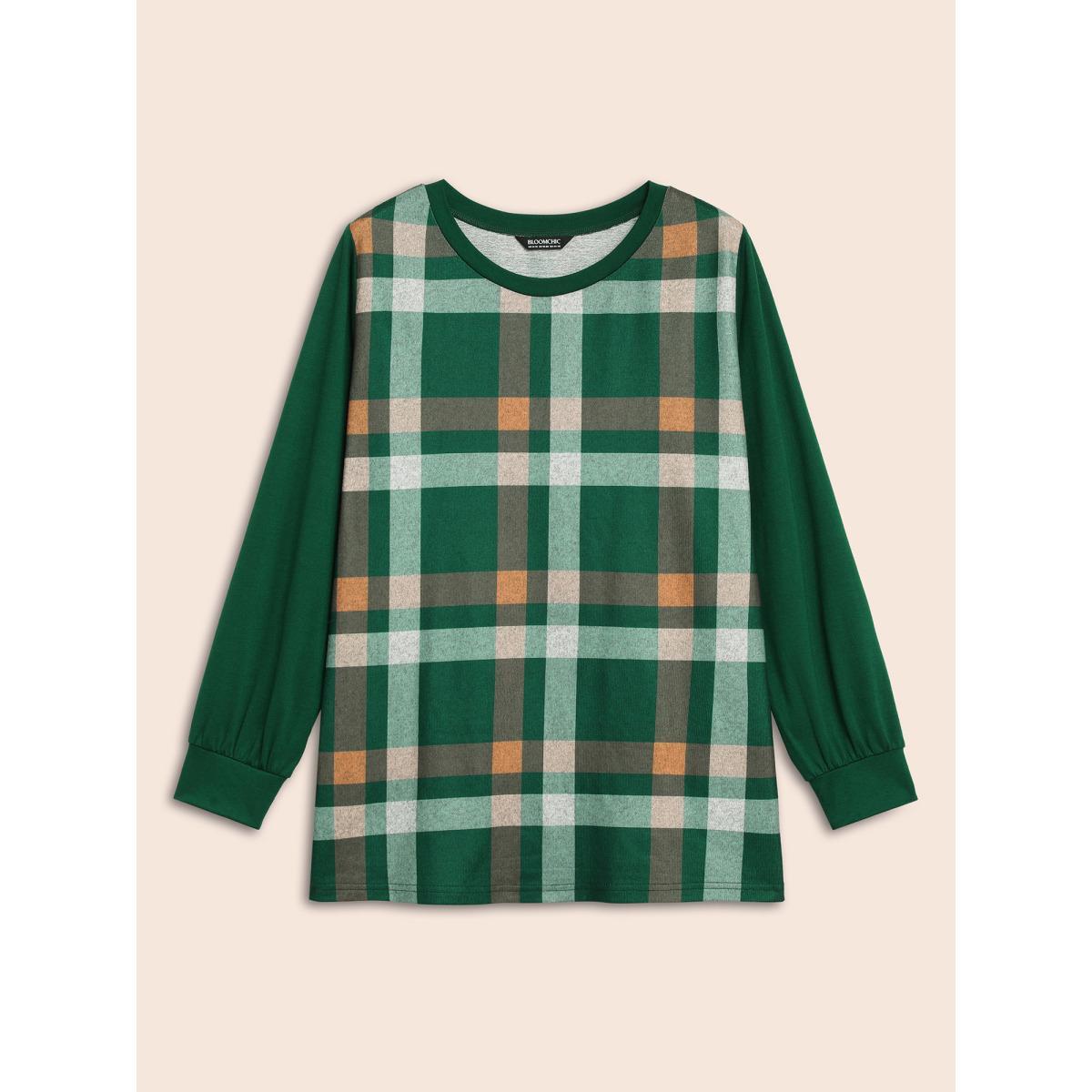 Plus Size Plaid Patchwork Solid Long-Sleeves Tee DarkGreen Women Casual Contrast Round Neck Everyday T-shirts BloomChic 18-20/2X Product Image