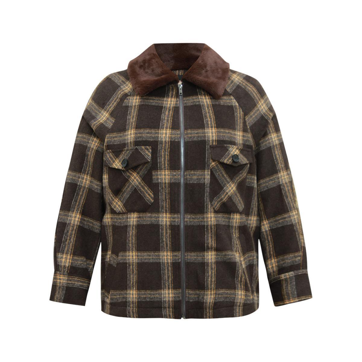 Plus Size Plaid Patchwork Fuzzy Trim Zipper Fly Coat Women DarkBrown Casual Contrast Ladies Everyday Winter Coats BloomChic 12/L Product Image