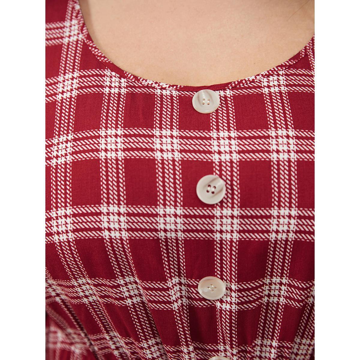Plus Size Raspberry Tartan Button Detail Lantern Sleeve Blouse Women Elegant Long Sleeve V-neck Dailywear Blouses BloomChic 12/L Product Image