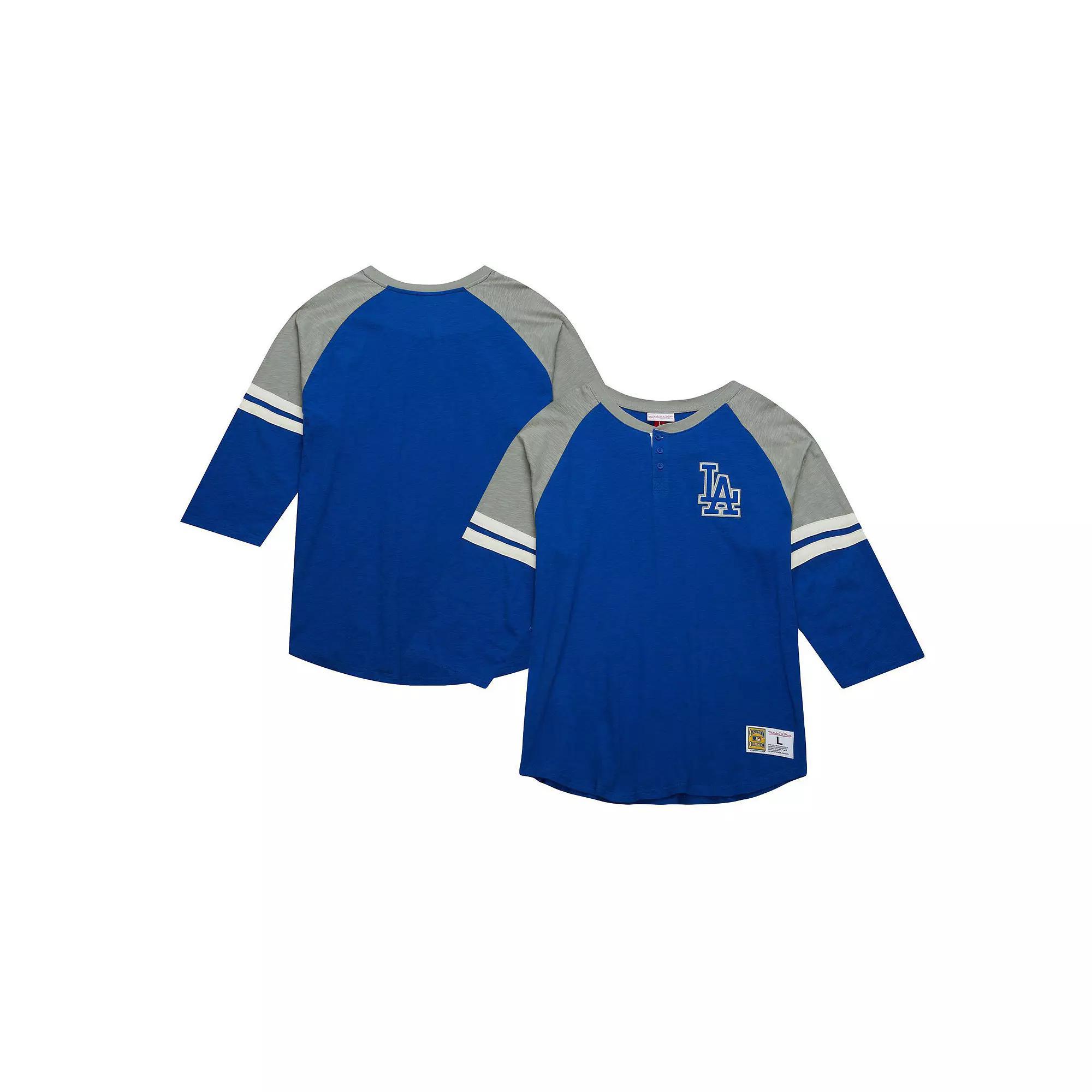 Men's Mitchell & Ness Royal Los Angeles Dodgers Cooperstown Collection Legendary Raglan Slub Henley 3/4-Sleeve T-Shirt, Size: Large, Blue Product Image