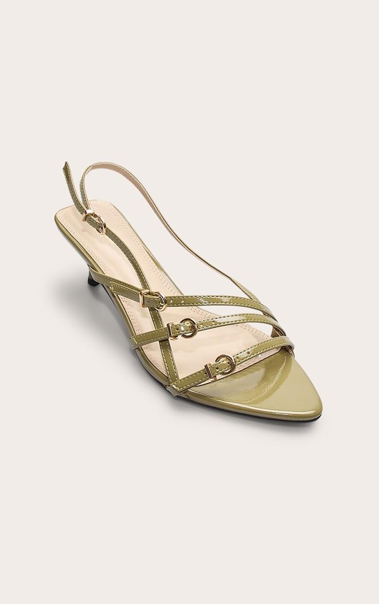 Olive Patent Pu Point Toe Multi Buckle Low Stiletto Heeled Sandals Product Image