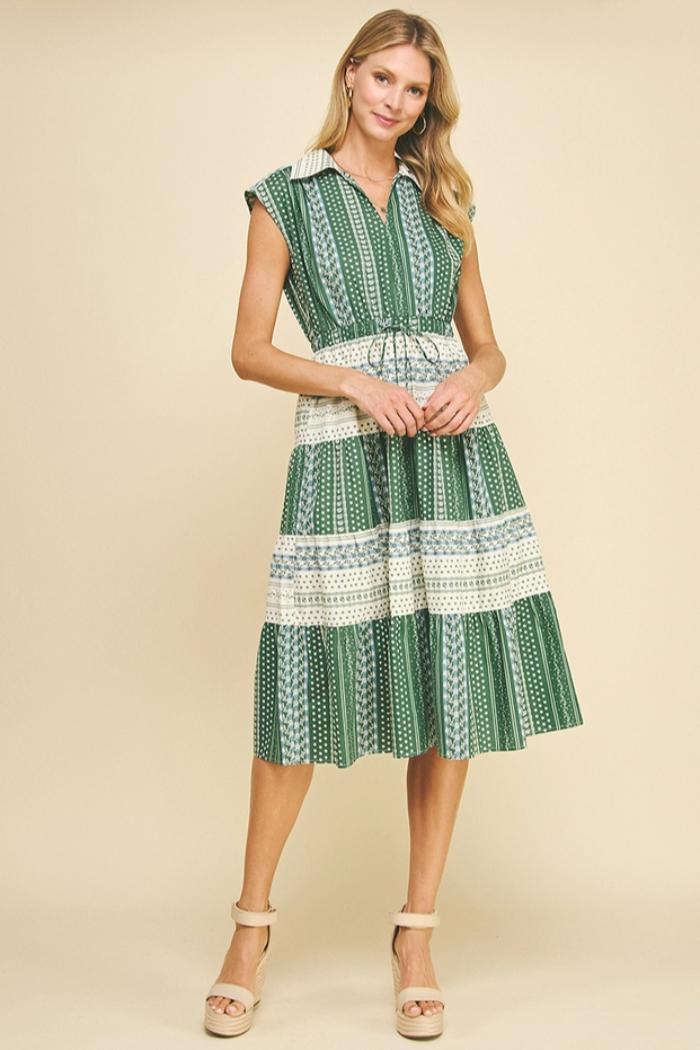Mara Print Contrast Tiered Midi Dress Product Image